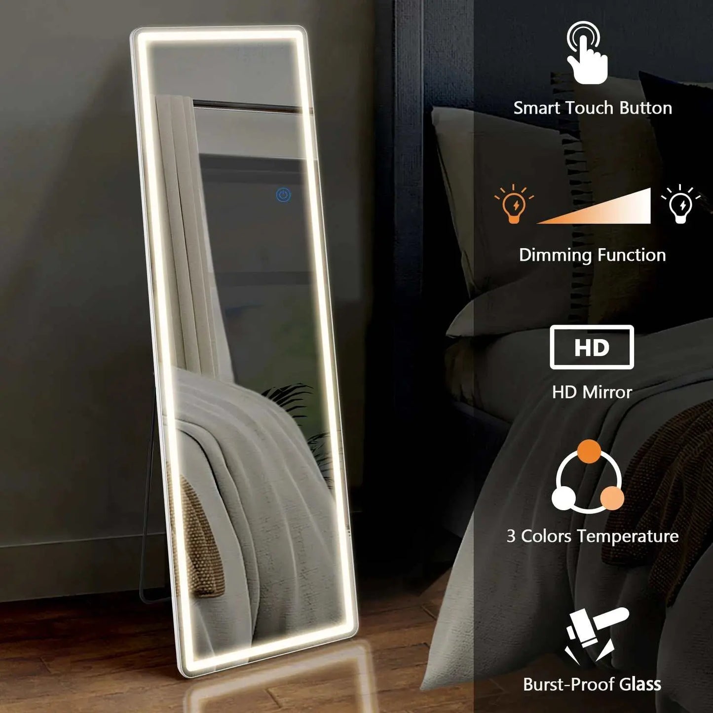 LED 64 X 21 full-length wall-mount and standing mirror with aluminum alloy frame, smart touch dimming, 3 color temperatures, HD nano glass, and burst-proof features.