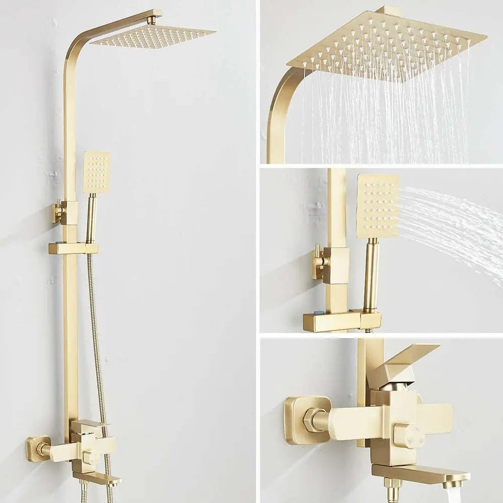 Gold brushed shower system with rain shower head, handheld spray, and swivel spout faucet for bathroom bathtub