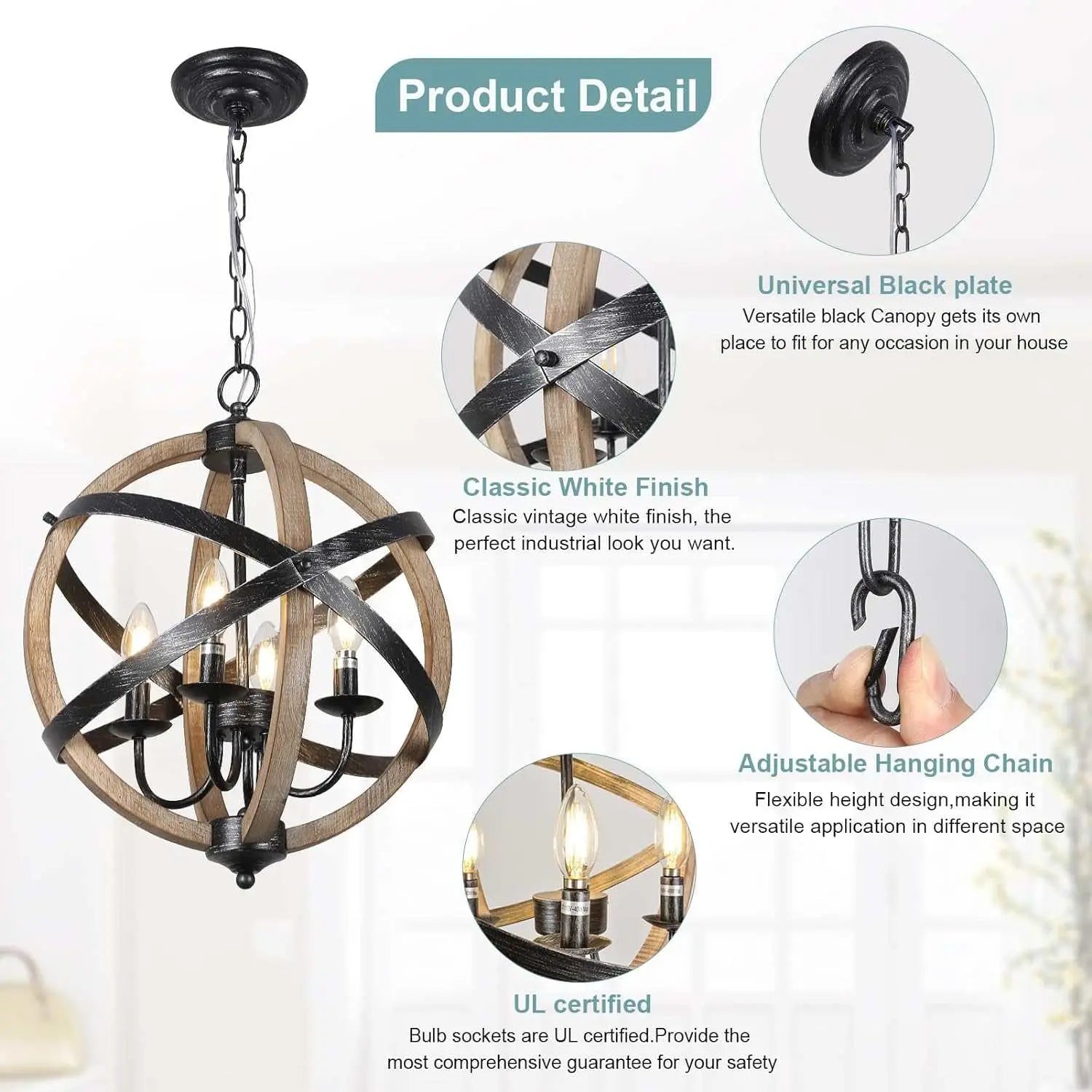 Farmhouse chandelier lamp with adjustable black metal hanging chain, rustic wood and classic white finish, featuring four E12 sockets in a spherical design.