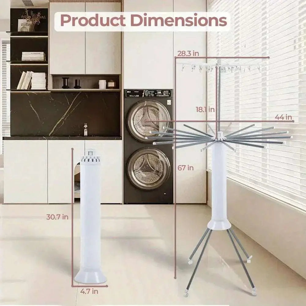 Four-legged octopus-shaped two-tier clothes drying rack with foldable arms and wheels, space-saving design for indoor and outdoor use.