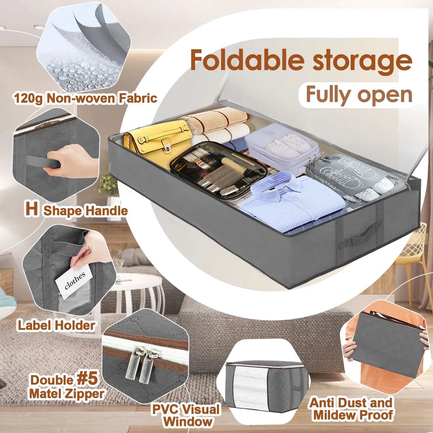2 Pcs 80L + 2 Pcs 67L Large Underbed Storage Bags Organizer Container with Clear Window, Large Capacity Visible Underbed Storage Organizers for Comforters, Gray