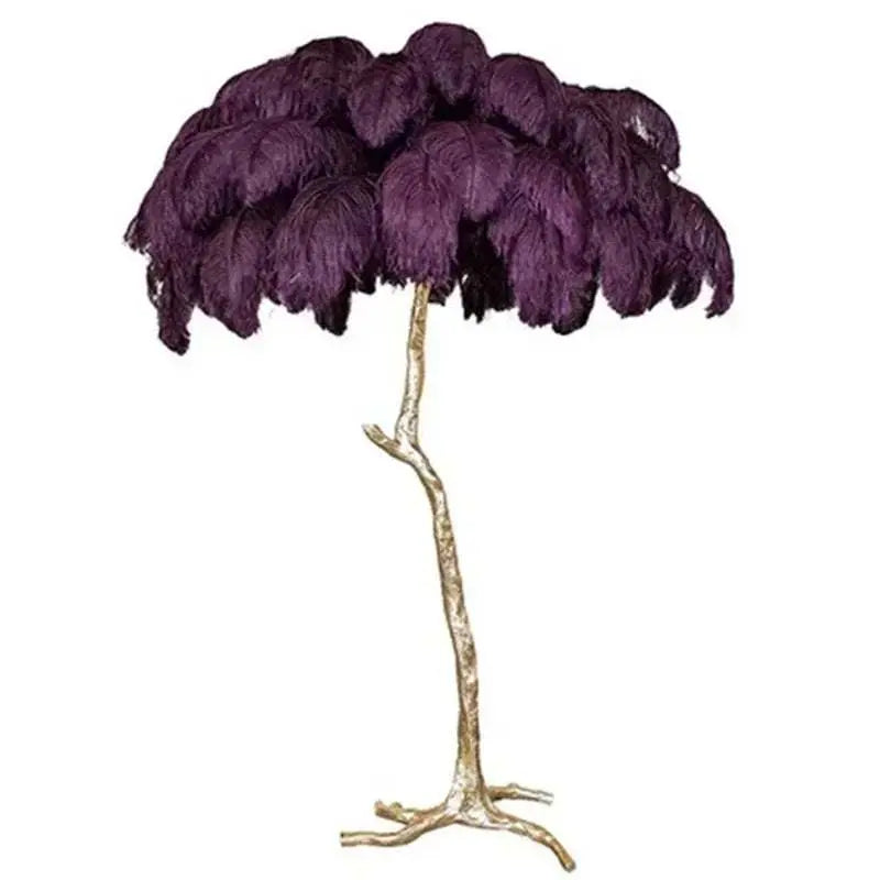 Nordic LED floor lamp with purple ostrich feather shade and gold resin maple leaf stem