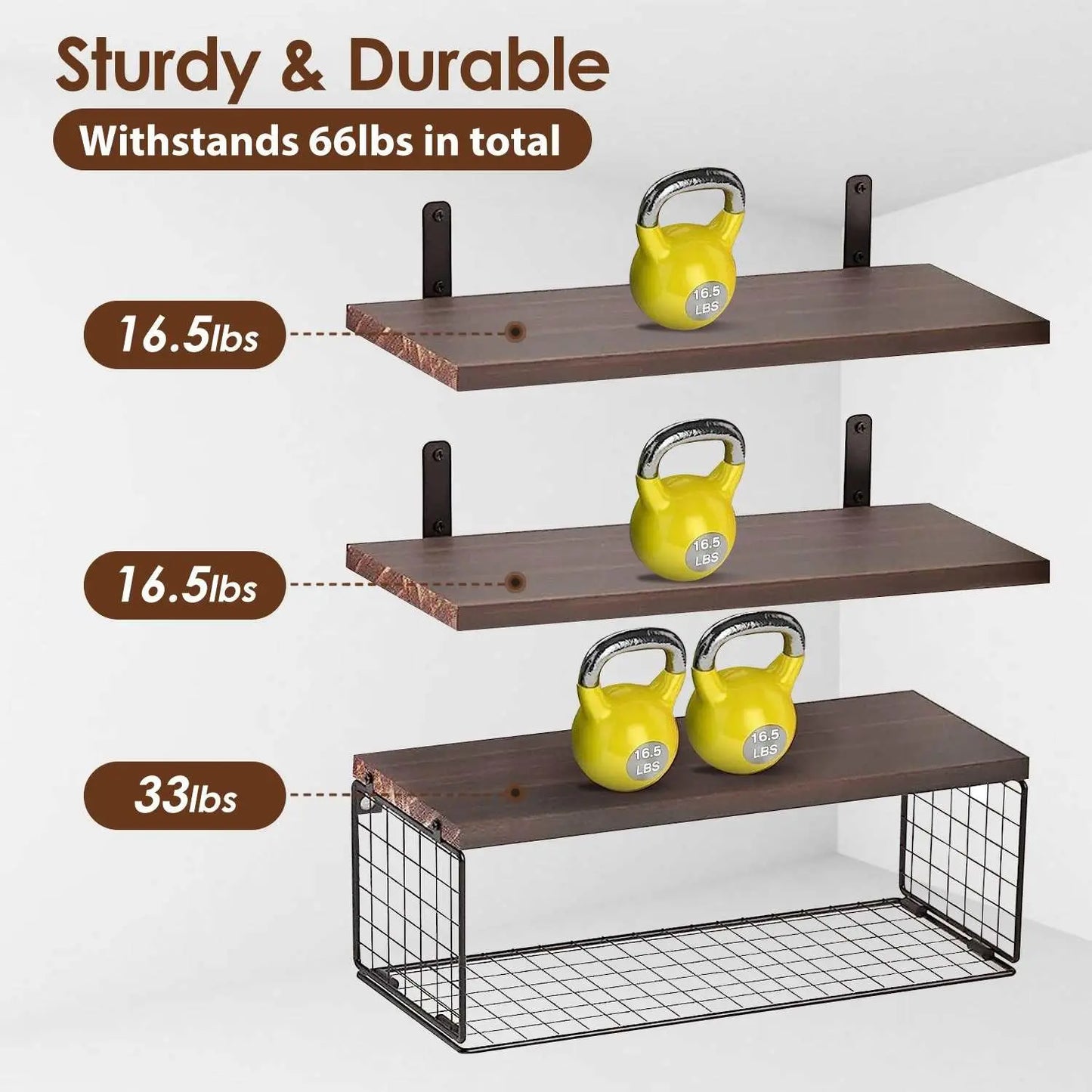 Sturdy brown wooden floating shelves with iron storage basket holding kettlebells, showing weight capacity details