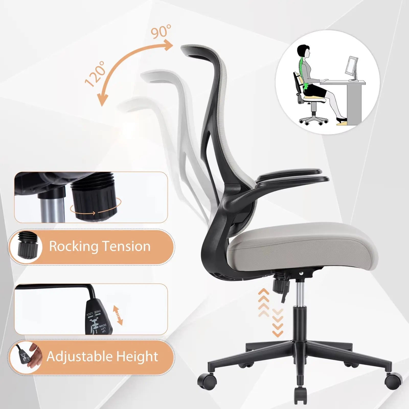 Ergonomic Mesh Lumbar Support Office Desk Computer Chair High Back Swivel Rolling Gaming Chairs with Wheels and Flip-Up Arms