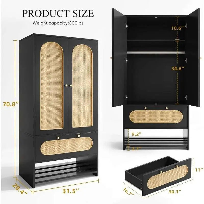 Black rattan armoire wardrobe with double doors, drawer, hanging rod, and large storage space, 70.8" tall, modern design with natural rattan accents and golden handles