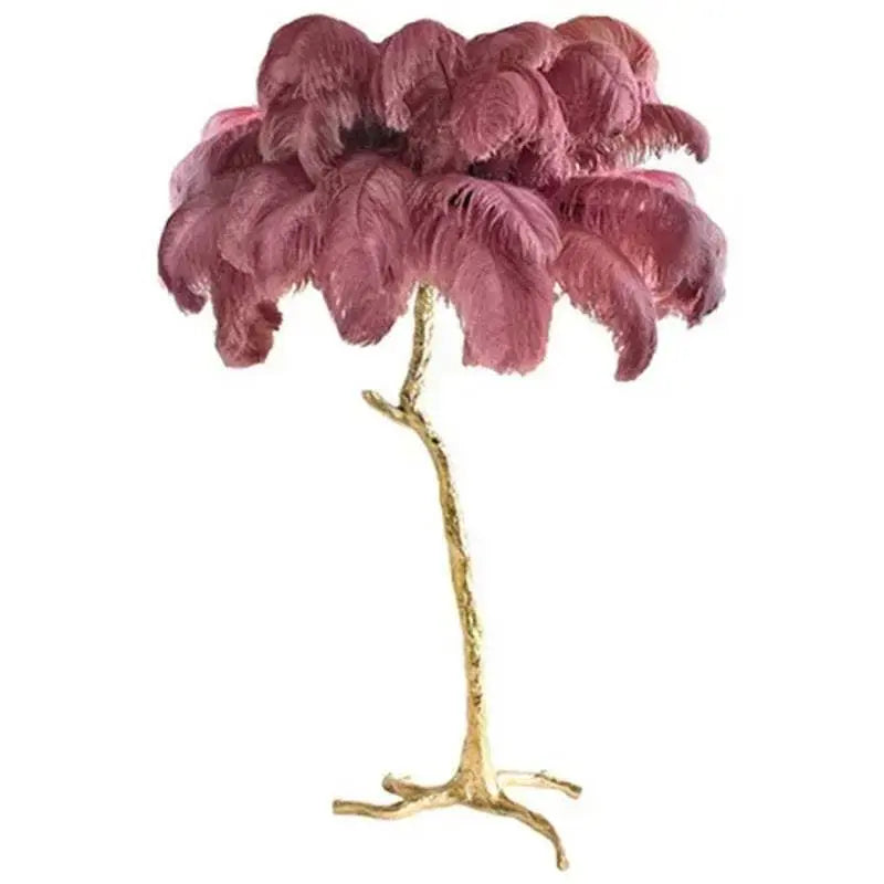 Nordic LED floor lamp with pink ostrich feathers and gold resin maple leaf textured stand for modern living room decor