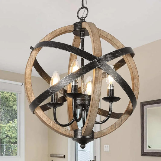 Rustic farmhouse chandelier lamp with adjustable height featuring wood and black metal spherical frame and four candle-style lights