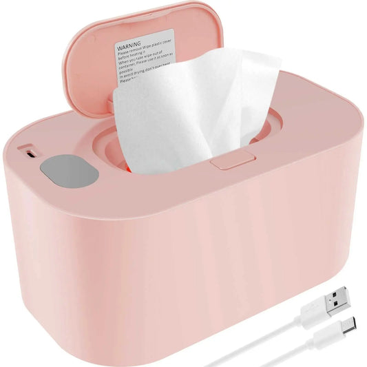Portable pink USB baby wipe warmer with adjustable temperature and LED light, including a USB cable for power.
