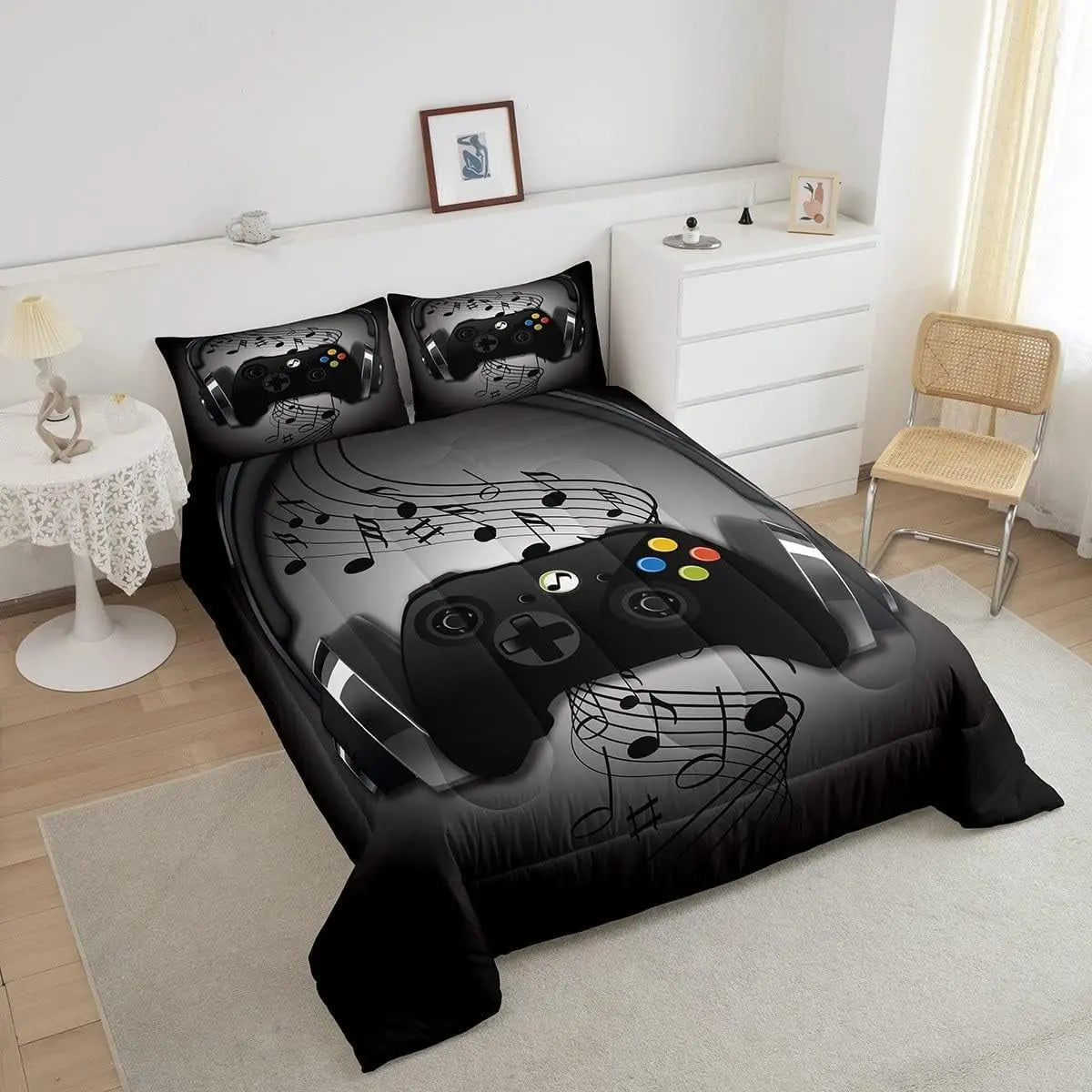 Gamer Comforter Set Queen,Black Grey Headphones Musical Design Games Gamepad Bedding Set Video Game Room Decor Retro Playing Gamer down Comforter Gaming Controller Quilted Duvet Set