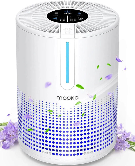 Portable white MOOKA air purifier with H13 HEPA filter and 360° air intake for bedroom and car use