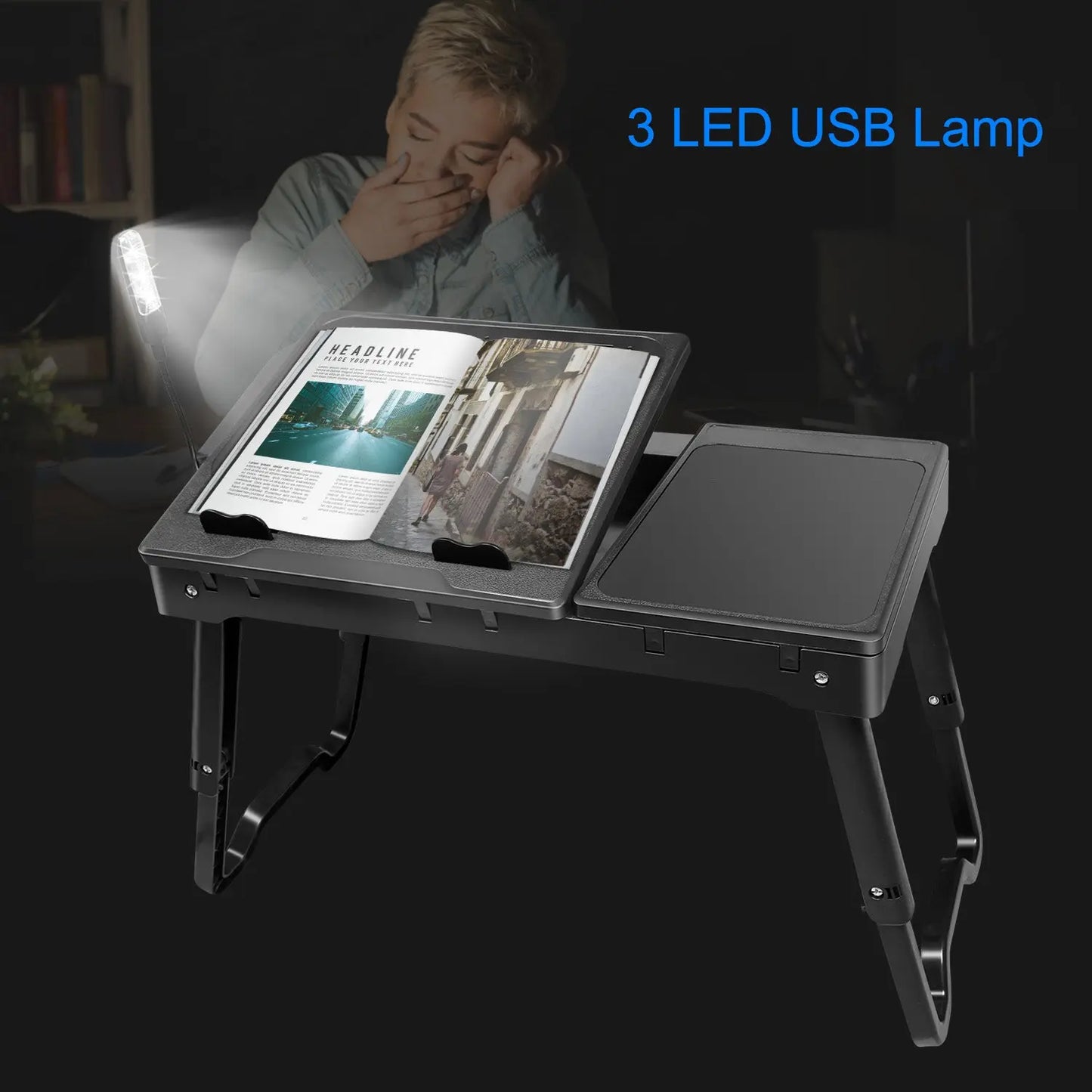 1Pc Foldable Laptop Table Bed Notebook Desk with Cooling Fan Mouse Board LED Light 4 USB Ports Breakfast Snacking Tray with Storage Groove for Home Office Use
