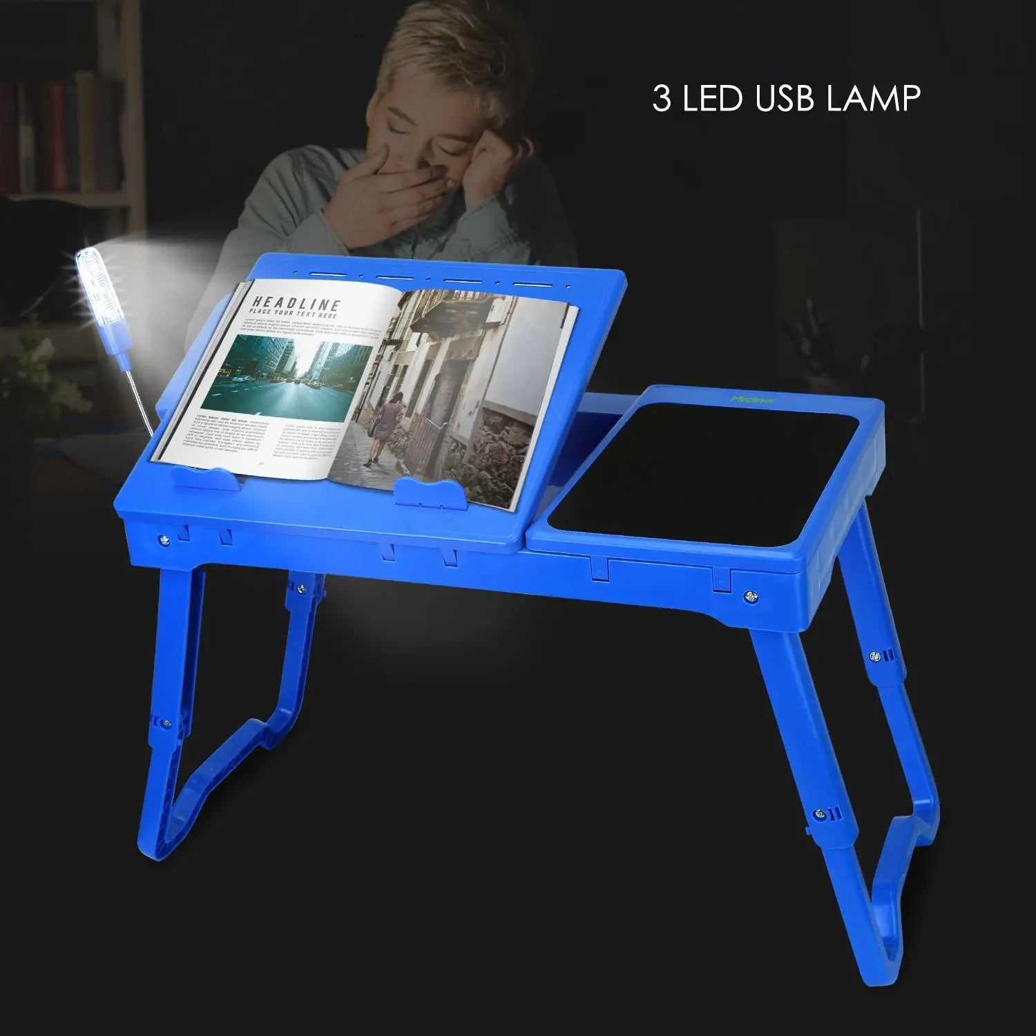 1Pc Foldable Laptop Table Bed Notebook Desk with Cooling Fan Mouse Board LED Light 4 USB Ports Breakfast Snacking Tray with Storage Groove for Home Office Use