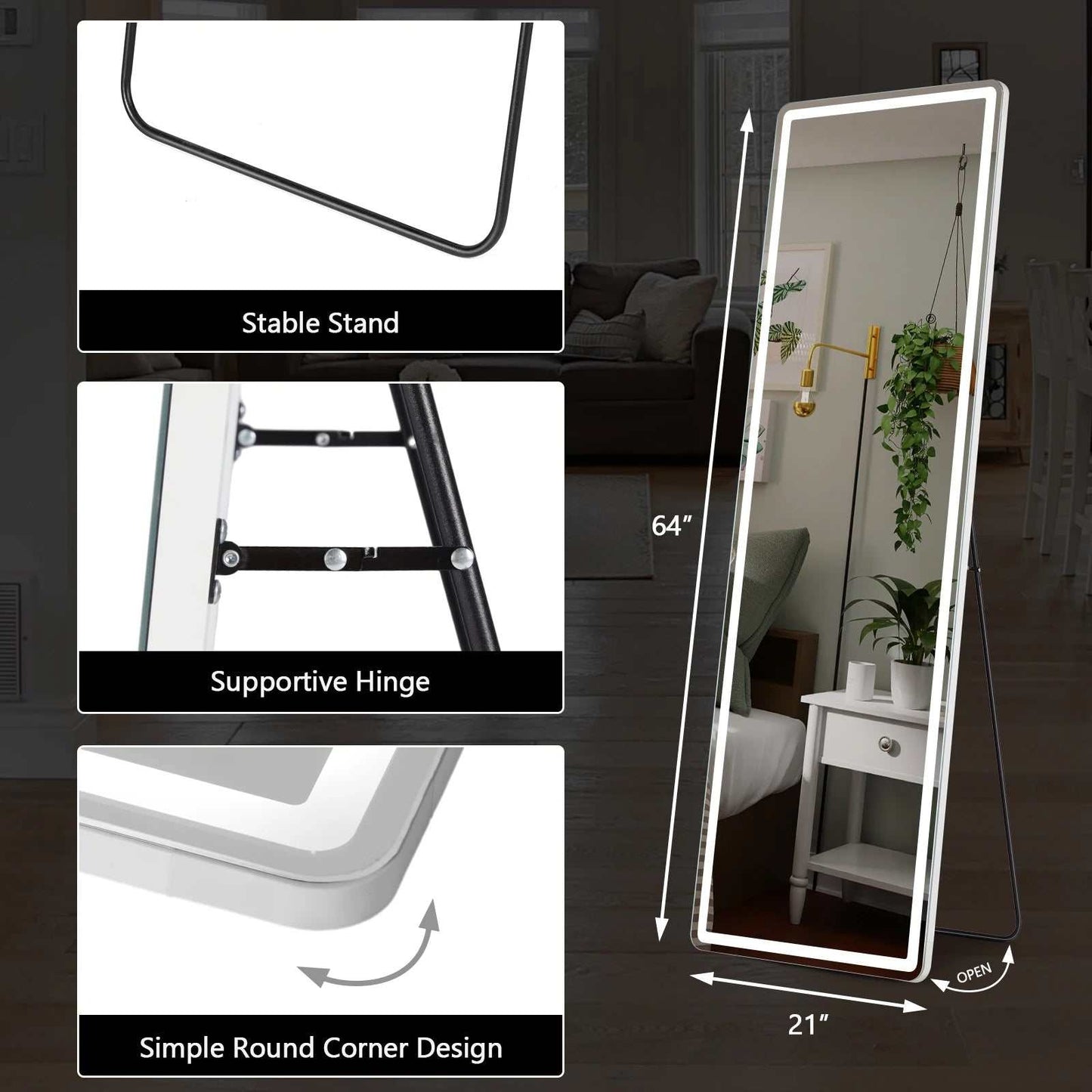 LED 64 X 21 Full Length Mirror with aluminum alloy frame, stable stand, supportive hinge, and simple round corner design, suitable for wall mount and standing use.