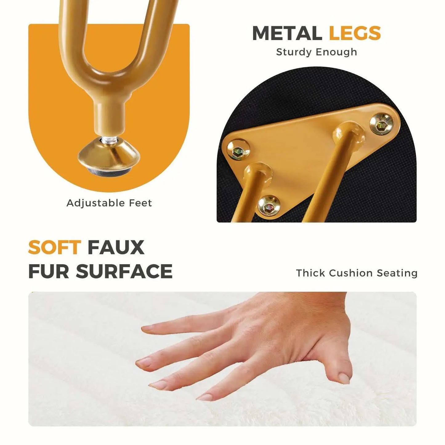 Faux fur living room storage stool with soft padded cushion, gold metal legs with adjustable feet, and hidden compartment for makeup or magazines.