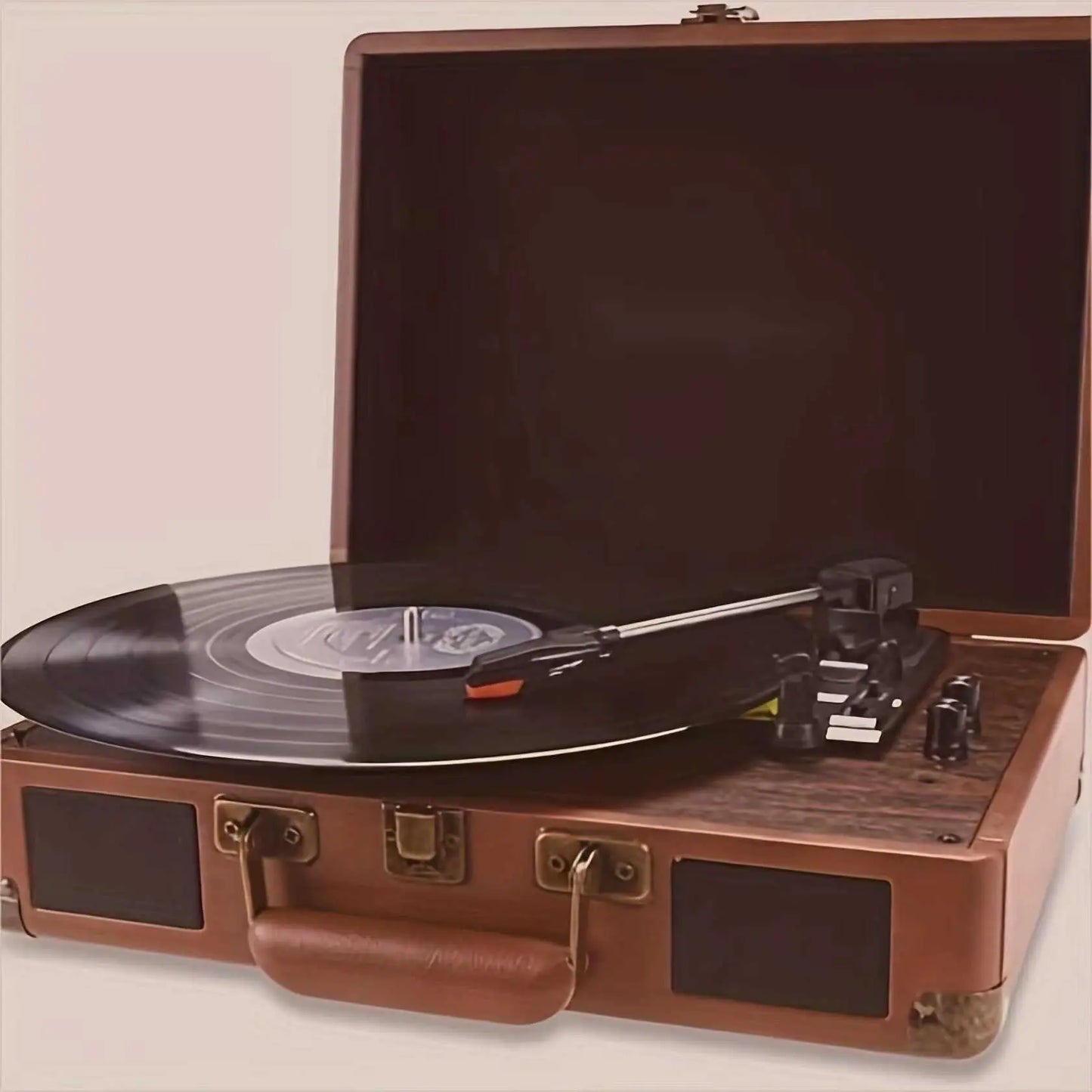 Vintage Gramophone Turntable with 3-speed record player, built-in stereo speakers, and vintage suitcase design