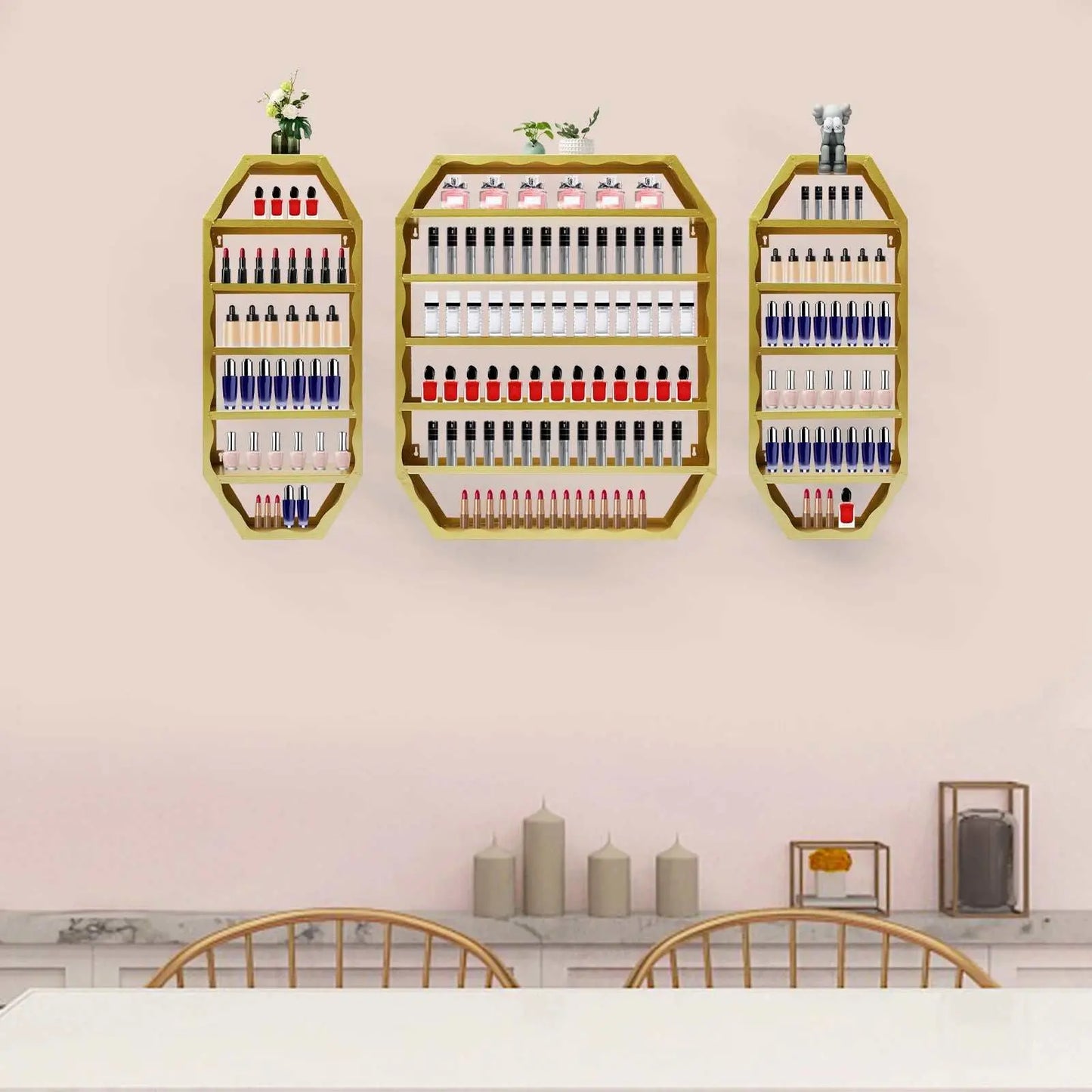 Multi-tiers wall-mounted gold octagonal nail polish storage racks displaying organized nail polish bottles in a modern room setting