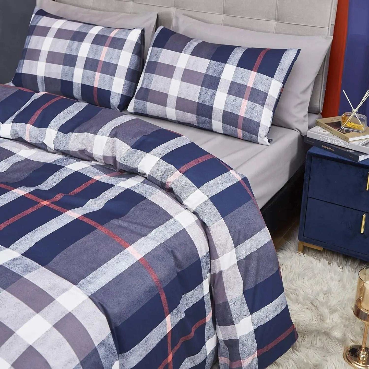 Navy Blue Plaid Queen Duvet Cover Set 3Pcs Tartan Bedding Sets Geometric Bedding Duvet Cover Sets Checker Buffalo Bedding with 2 X Pillow Cases