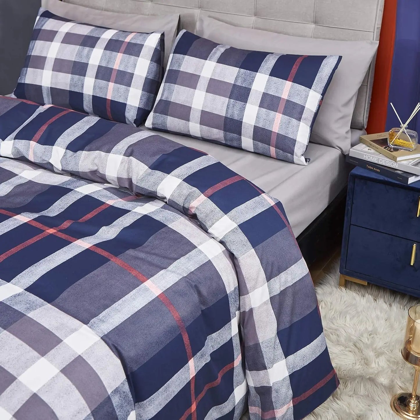 Navy Blue Plaid Queen Duvet Cover Set 3Pcs Tartan Bedding Sets Geometric Bedding Duvet Cover Sets Checker Buffalo Bedding with 2 X Pillow Cases
