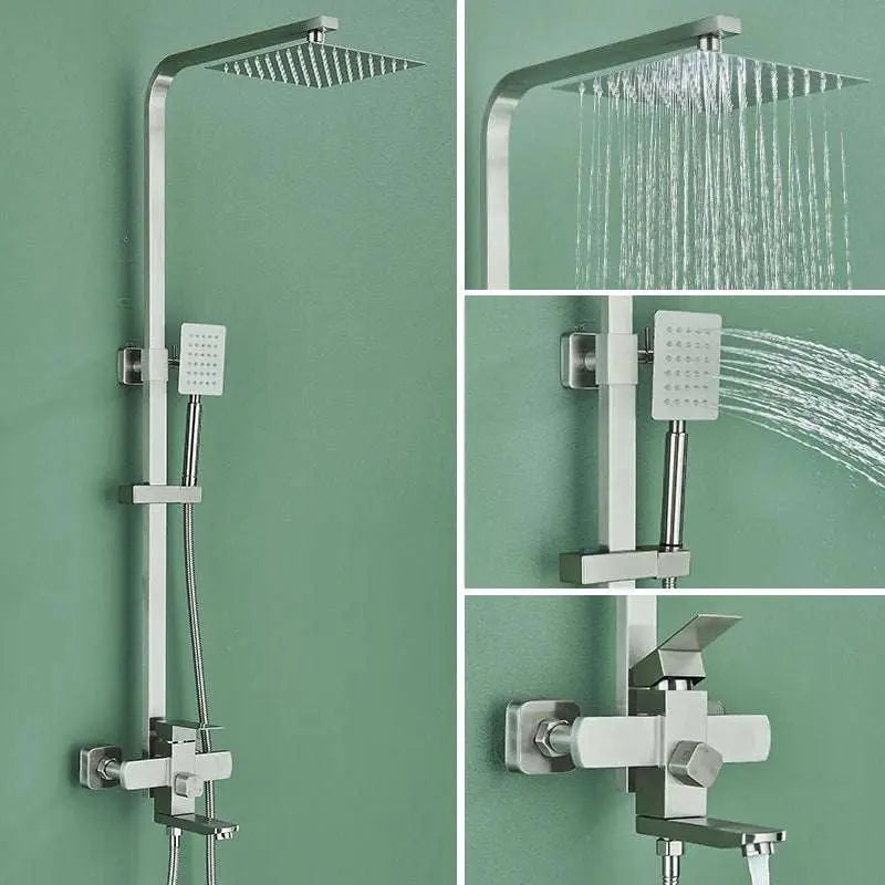 Gold brushed shower system with rain shower head, handheld spray, and swivel spout faucet for bathroom and bathtub