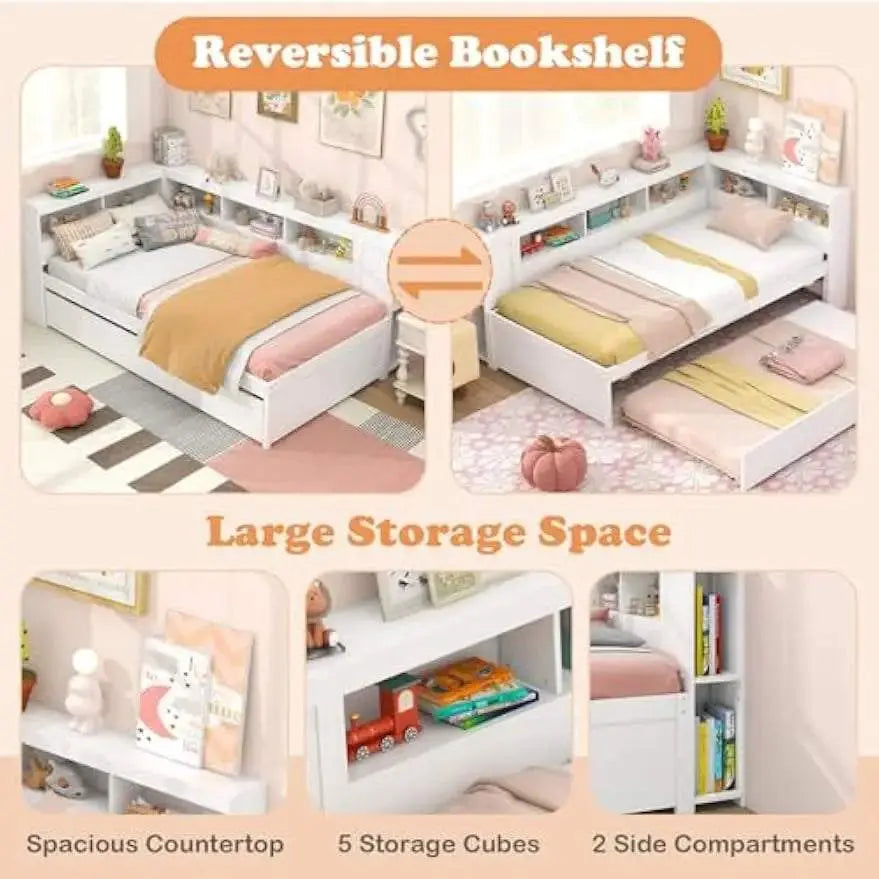 Twin Daybed with Trundle, Wood Twin Bed Frames with Storage Headboard, Reversible Bookcase, Bedside Shelves & Wooden Slats,