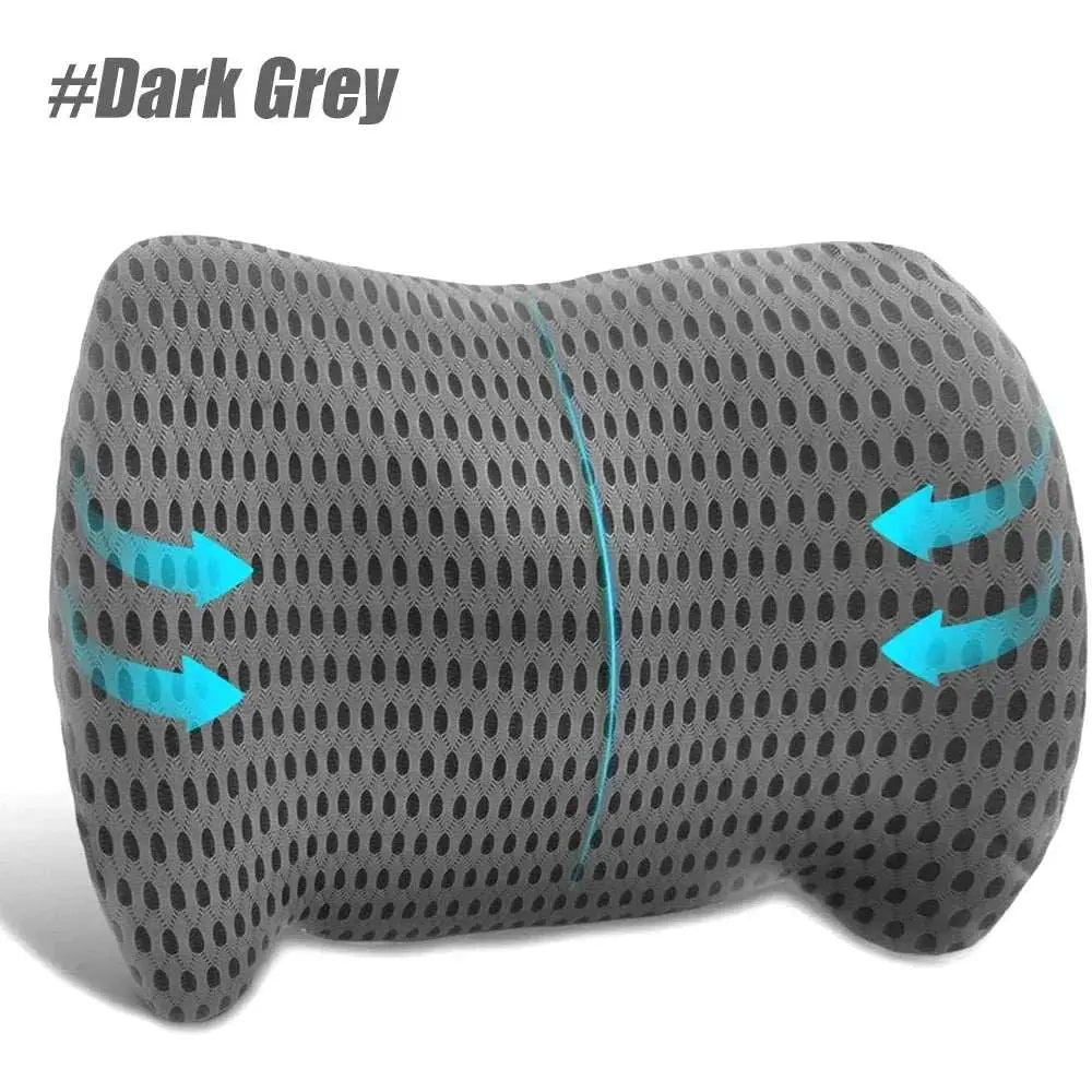 Dark grey memory foam lumbar support pillow with breathable mesh fabric for office chair and car seat backrest