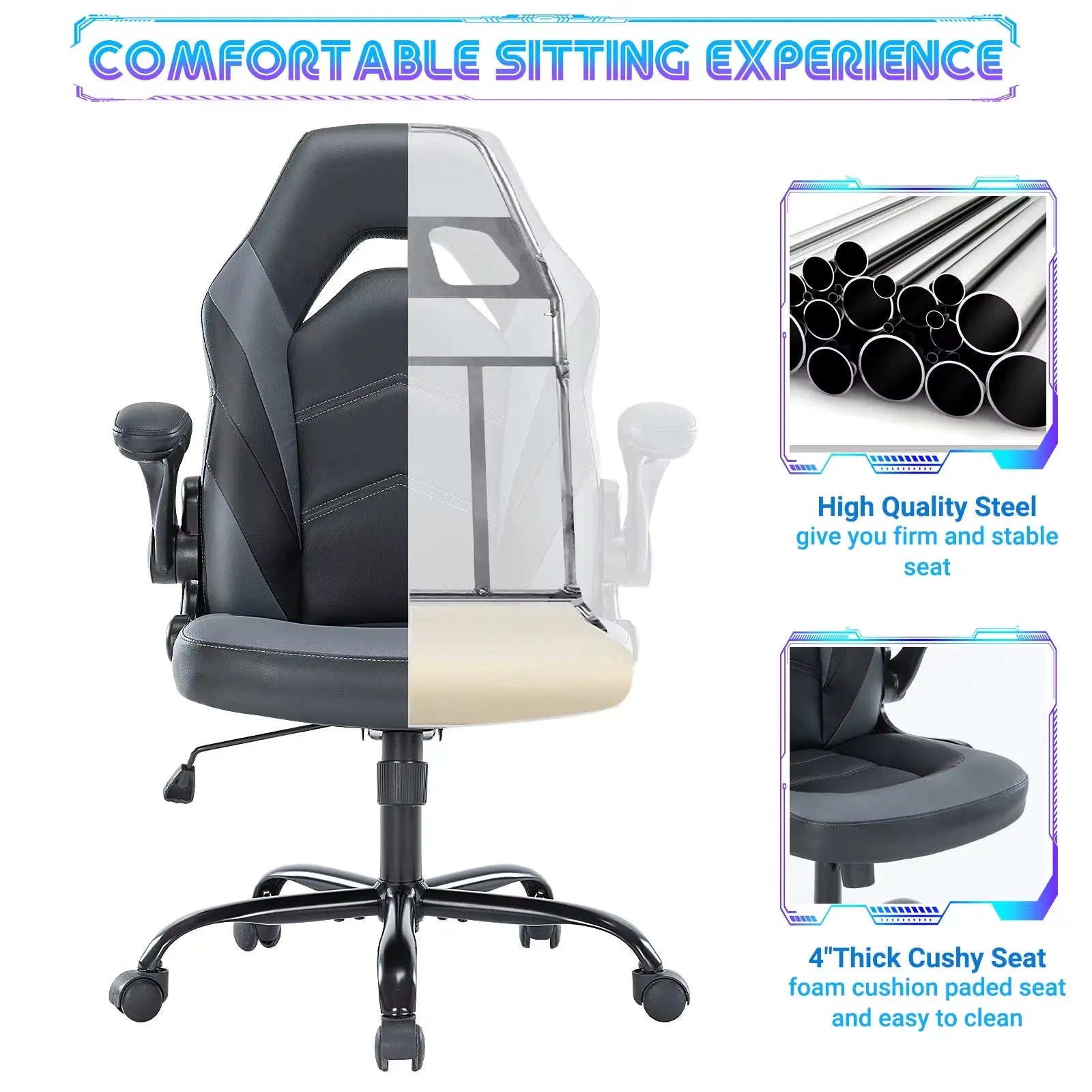 Ergonomic Office Computer Home Gaming Desk Chair Adjustable PU Leather Racing Chair Flip-Up Armrest for Christmas Furniture