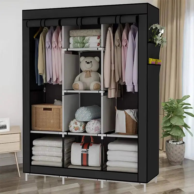 Portable Closet Large Wardrobe Closet Clothes Organizer with 6 Storage Shelves, 2 Hanging Sections 4 Side Pockets