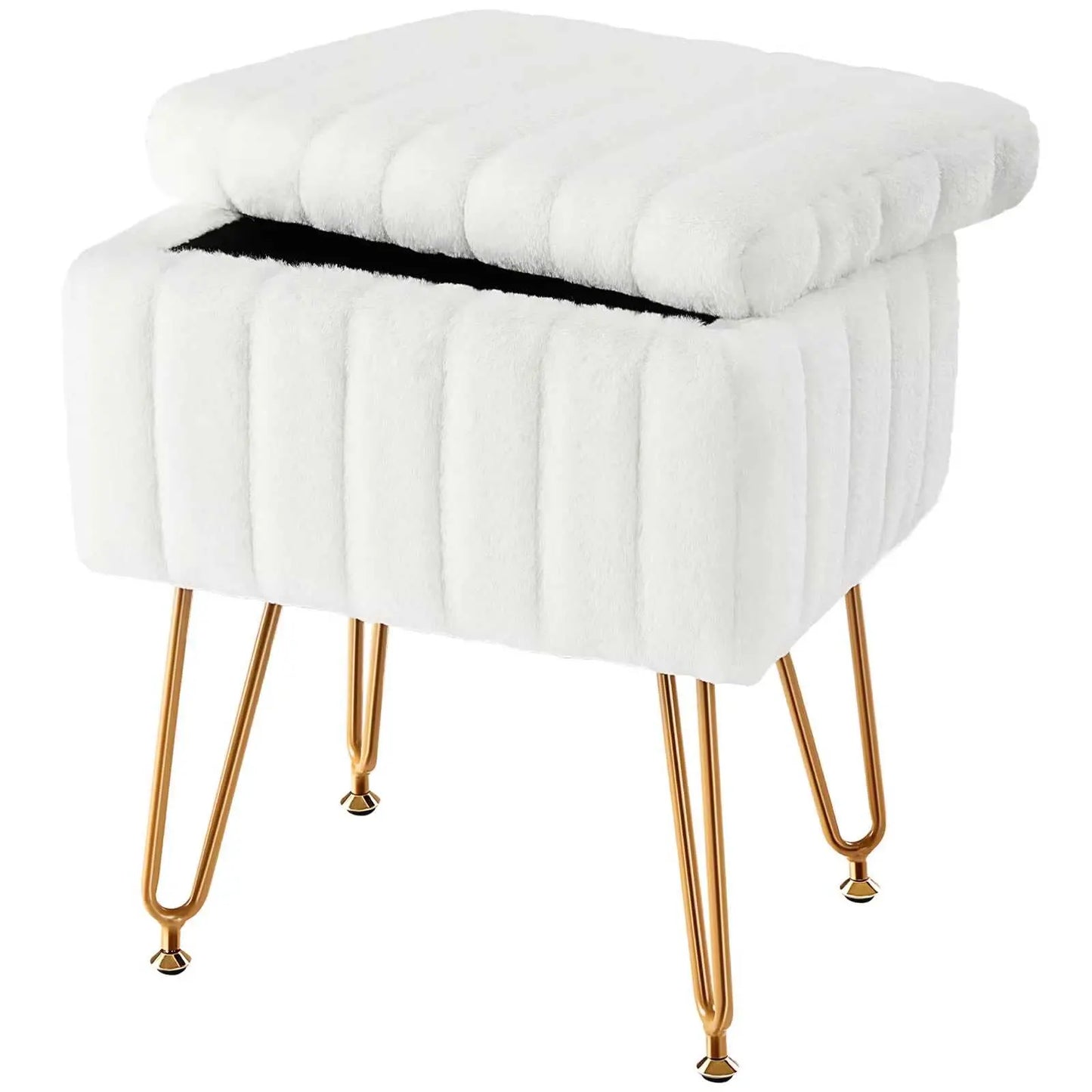 White faux fur living room storage stool with padded seat and gold metal legs