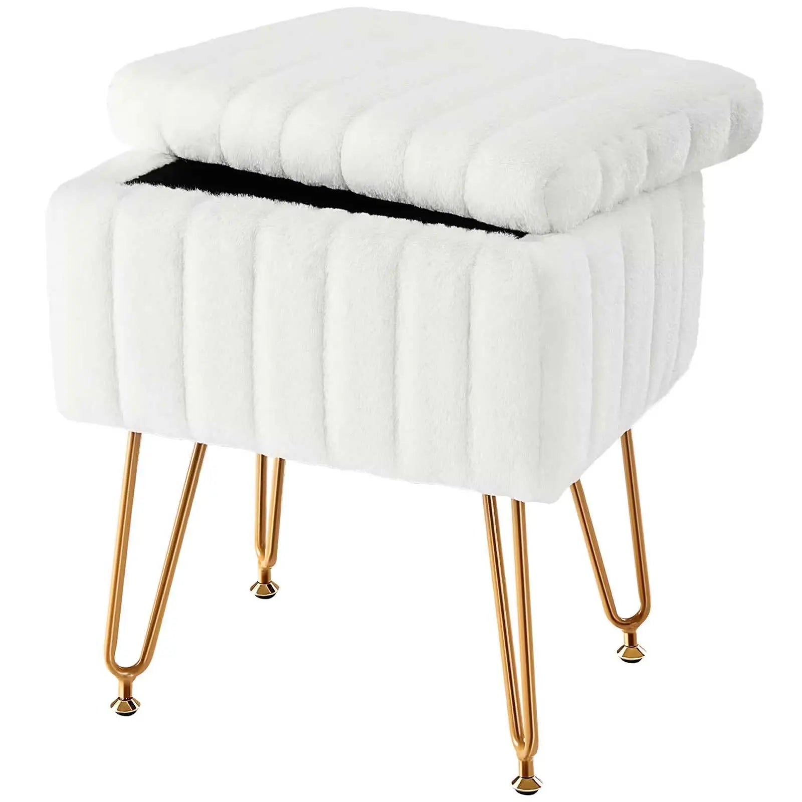 White faux fur living room storage stool with padded seat and gold metal legs