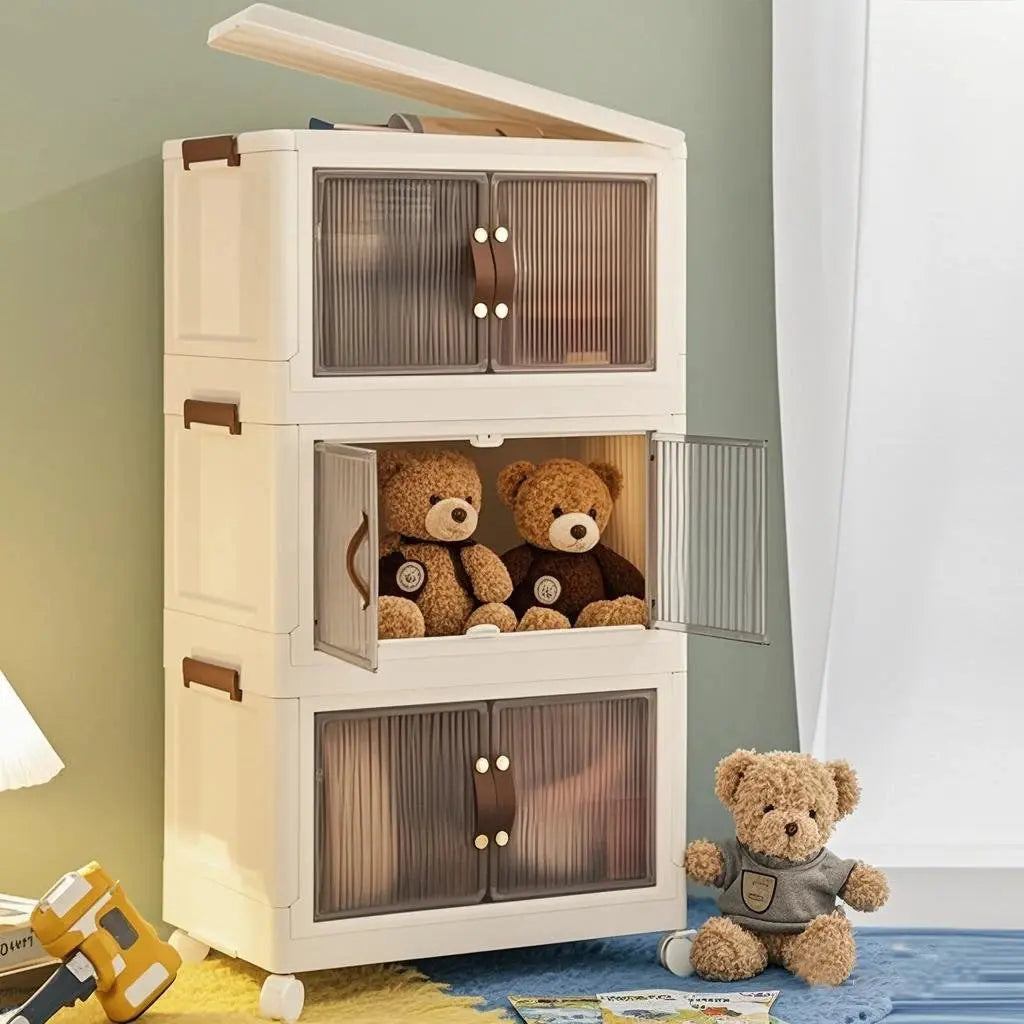 3-Tier Foldable Storage Box with Wheels, Stackable Collapsible Storage Box Portable Organizer Versatile Closet for Home/Office