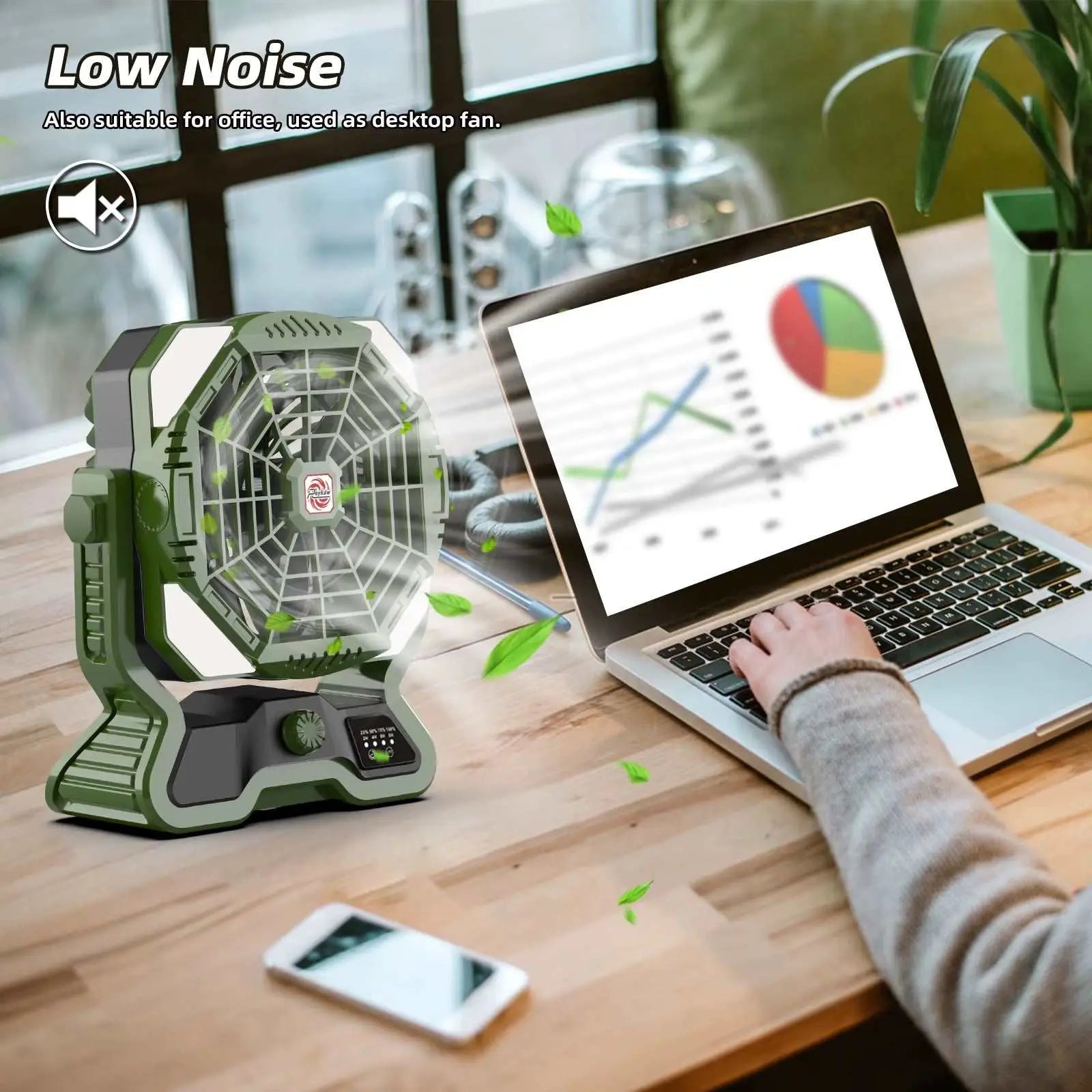 Portable cordless camping fan with 20000mAh battery, dual blades, LED lantern, remote control, and hanging hook for outdoor use