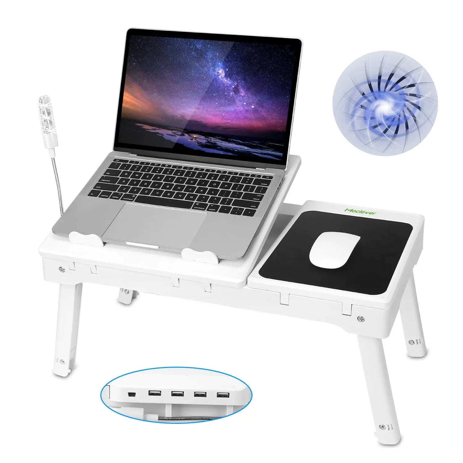 1Pc Foldable Laptop Table Bed Notebook Desk with Cooling Fan Mouse Board LED Light 4 USB Ports Breakfast Snacking Tray with Storage Groove for Home Office Use