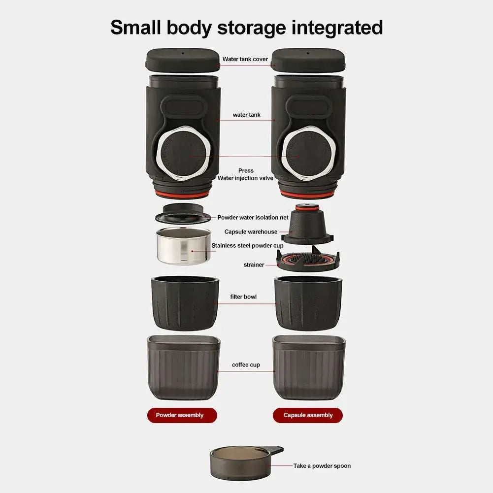 Portable espresso maker with small body storage, including water tank, capsule and powder assemblies, coffee cup, and powder spoon.