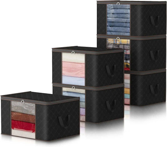 Set of black 90L large storage bags with clear front windows and reinforced handles for clothes and blankets storage