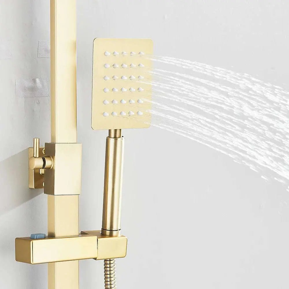 Gold brushed 3-in-1 shower system with rainfall showerhead, handheld spray, and swivel spout faucet for bathroom and bathtub