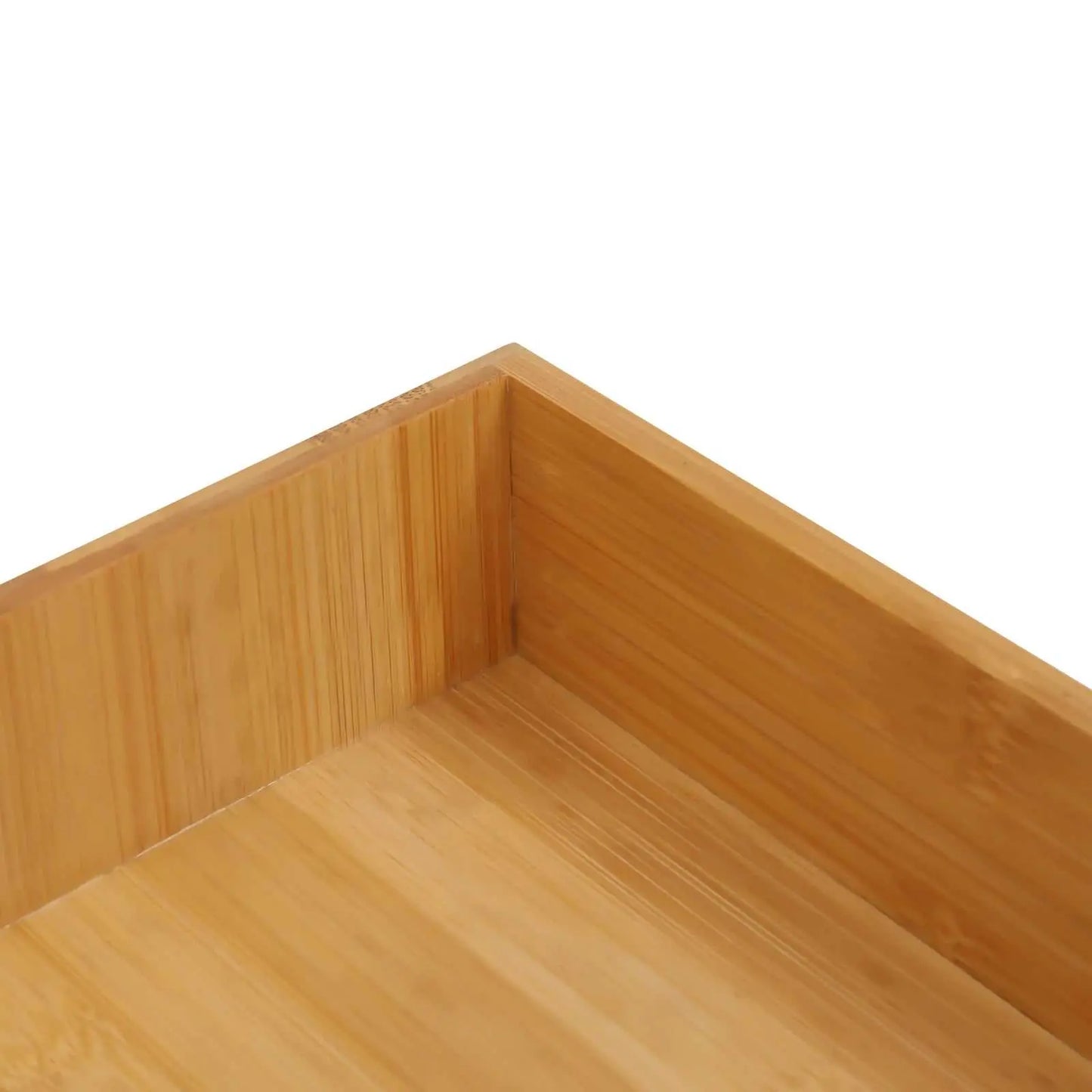 Close-up of natural bamboo floating shelf with storage basket corner showing smooth wooden surface and construction.