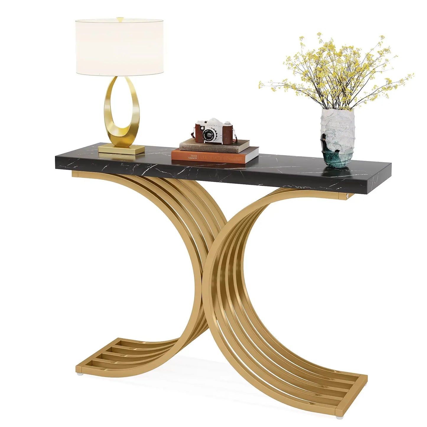 Gold Entryway Table, Modern 39-Inch Console Faux Marble Narrow Wood Sofa with Geometric Metal Legs