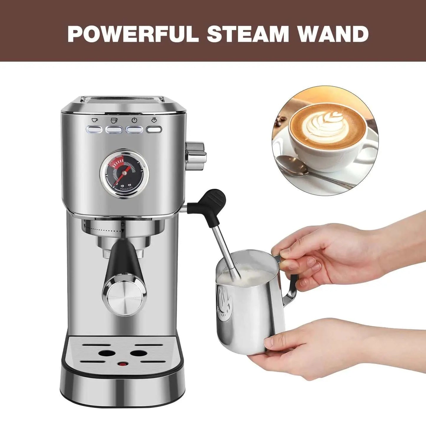 DOYOMI 20 Bar Espresso Machine with stainless steel design and milk frother steaming milk for cappuccino