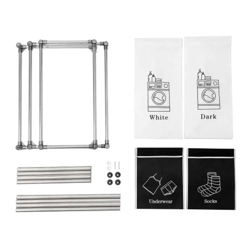 Laundry hamper 2 tier with black and white frame and four labeled removable laundry bags for sorting whites, darks, underwear, and socks