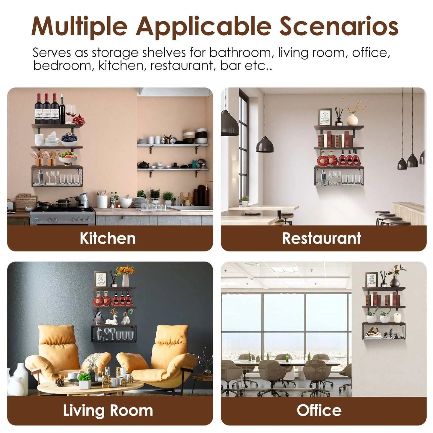 Wall-mounted floating shelves with storage basket in rustic wood style for kitchen, restaurant, living room, and office organization.