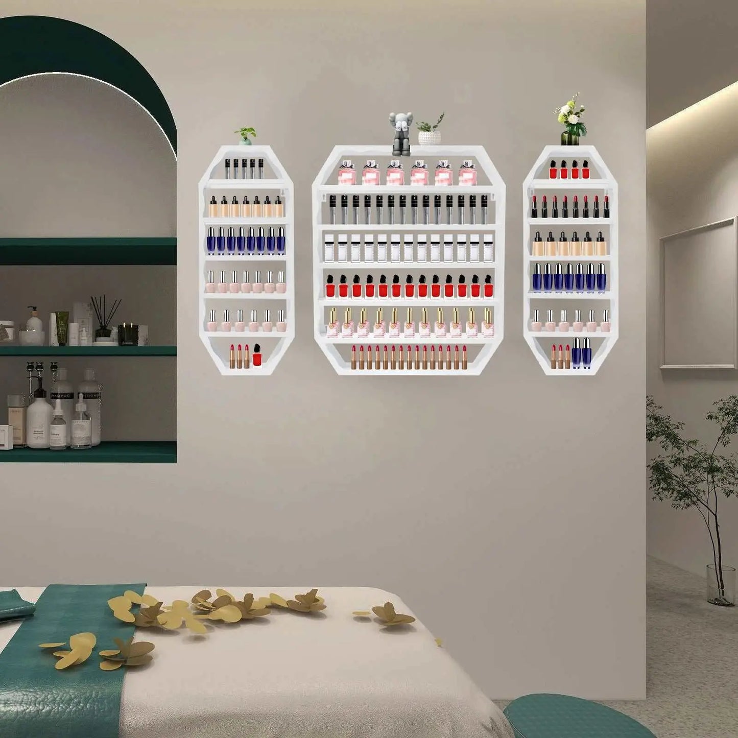 Wall-mounted multi-tiers nail polish storage racks in white with octagonal shape, holding various nail polish bottles, ideal for salons and home decor.