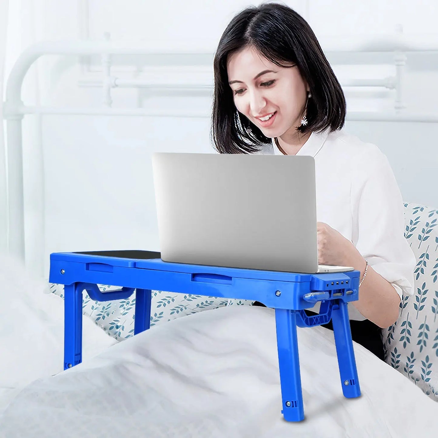 1Pc Foldable Laptop Table Bed Notebook Desk with Cooling Fan Mouse Board LED Light 4 USB Ports Breakfast Snacking Tray with Storage Groove for Home Office Use