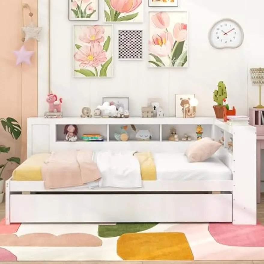 Twin Daybed with Trundle, Wood Twin Bed Frames with Storage Headboard, Reversible Bookcase, Bedside Shelves & Wooden Slats,
