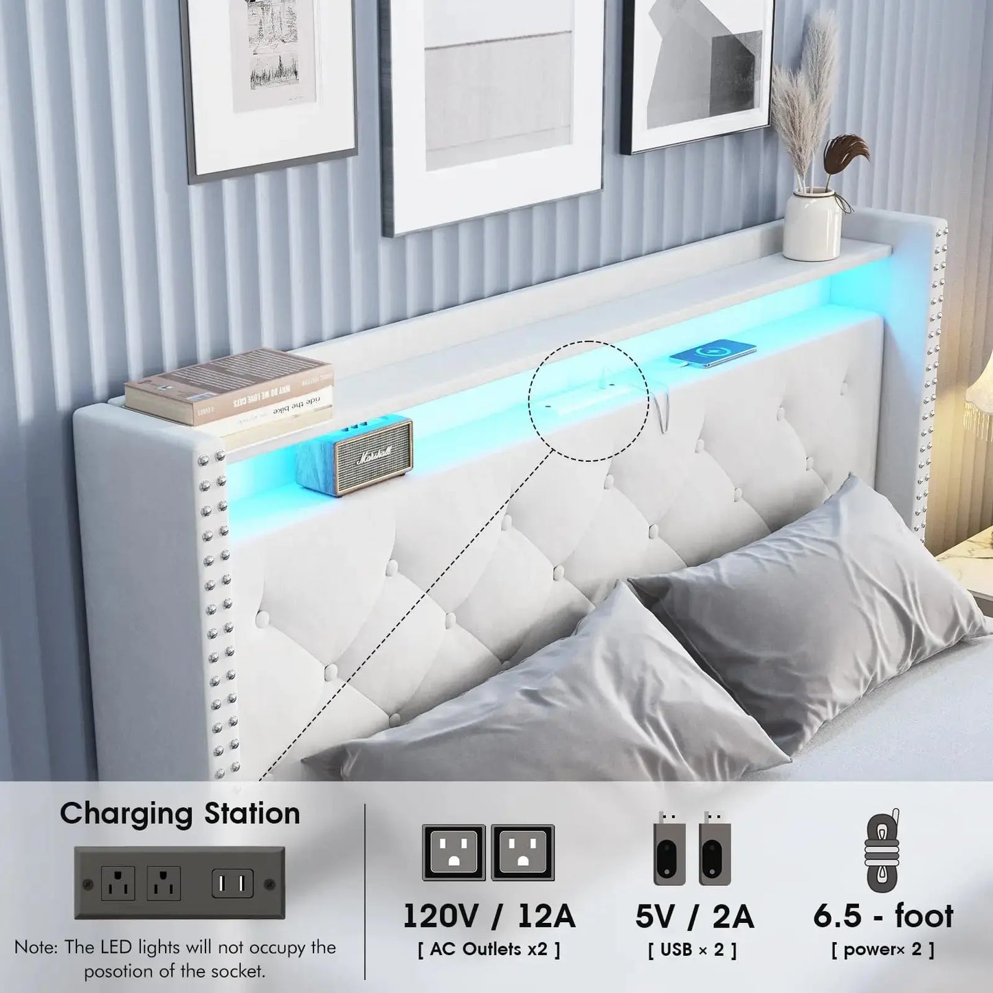 Queen Size Bed Frame with Headboard Upholstered Platform Bed Frame with Power Outlet&Led Bed Frame with Wingback Storage