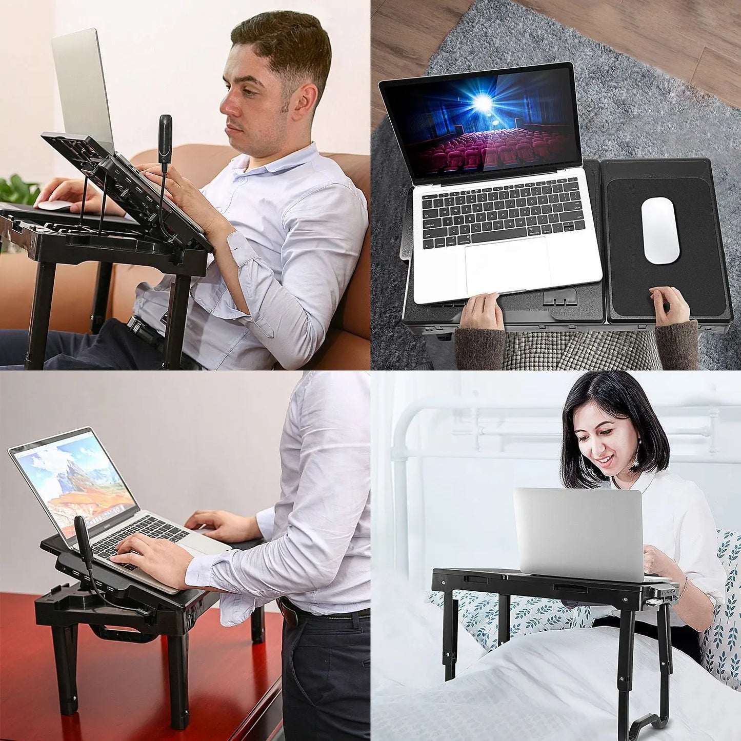 1Pc Foldable Laptop Table Bed Notebook Desk with Cooling Fan Mouse Board LED Light 4 USB Ports Breakfast Snacking Tray with Storage Groove for Home Office Use