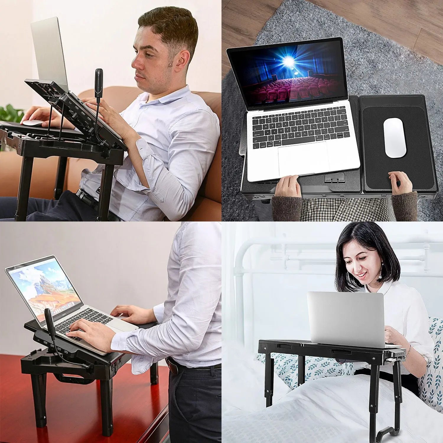 1Pc Foldable Laptop Table Bed Notebook Desk with Cooling Fan Mouse Board LED Light 4 USB Ports Breakfast Snacking Tray with Storage Groove for Home Office Use