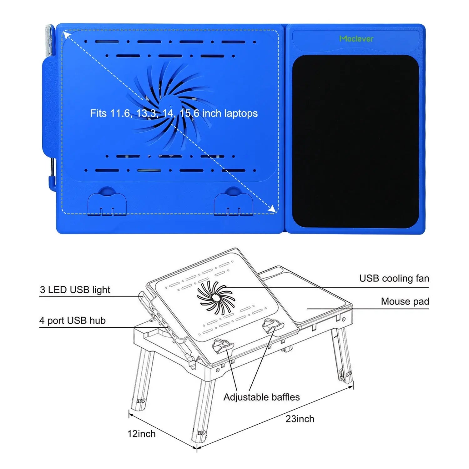 1Pc Foldable Laptop Table Bed Notebook Desk with Cooling Fan Mouse Board LED Light 4 USB Ports Breakfast Snacking Tray with Storage Groove for Home Office Use