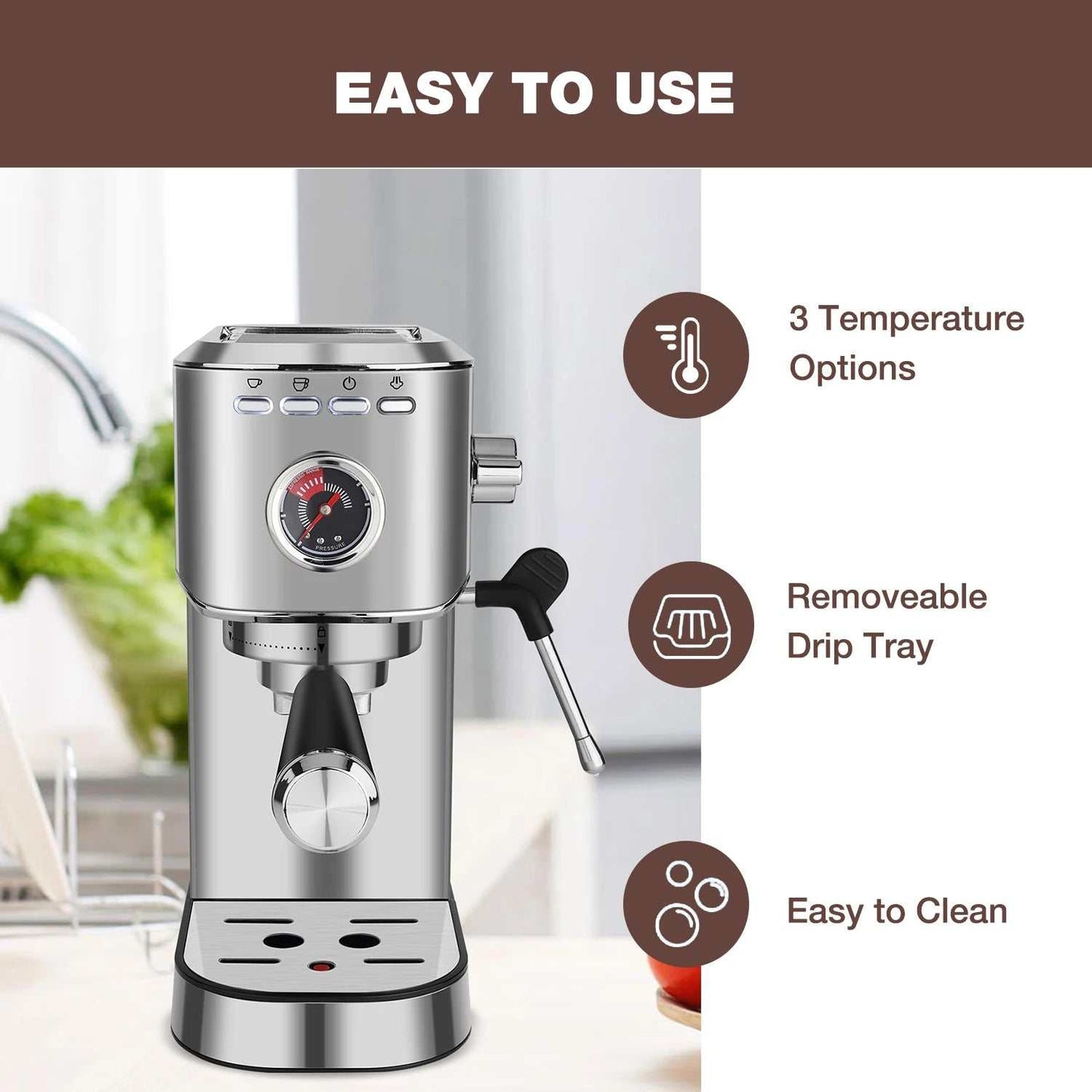 DOYOMI 20 Bar Espresso Machine in stainless steel with milk frother, temperature controls, and removable drip tray
