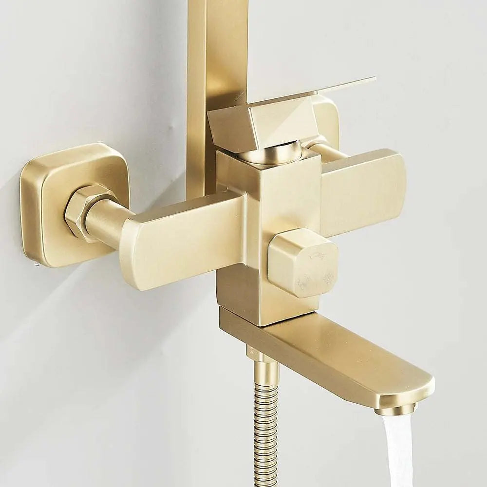 Gold brushed shower system faucet with swivel spout and water flowing for bathroom bathtub.