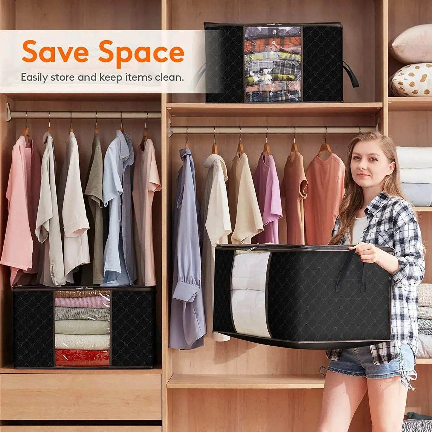 90L Large Storage Bags, 6 Pack Closet Organizers and Storage, Clothes Foldable Storage Black
